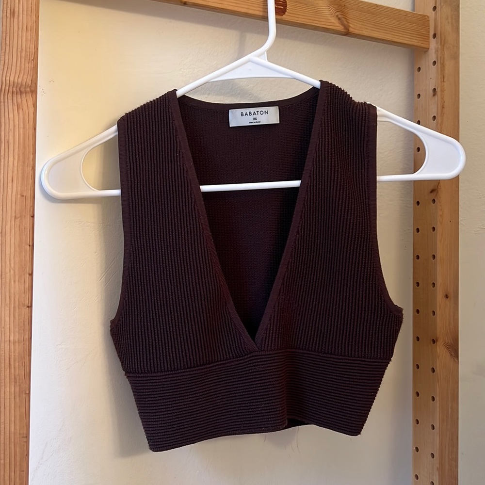 Aritzia Babaton Ribbed V-neck Tank Top Brown